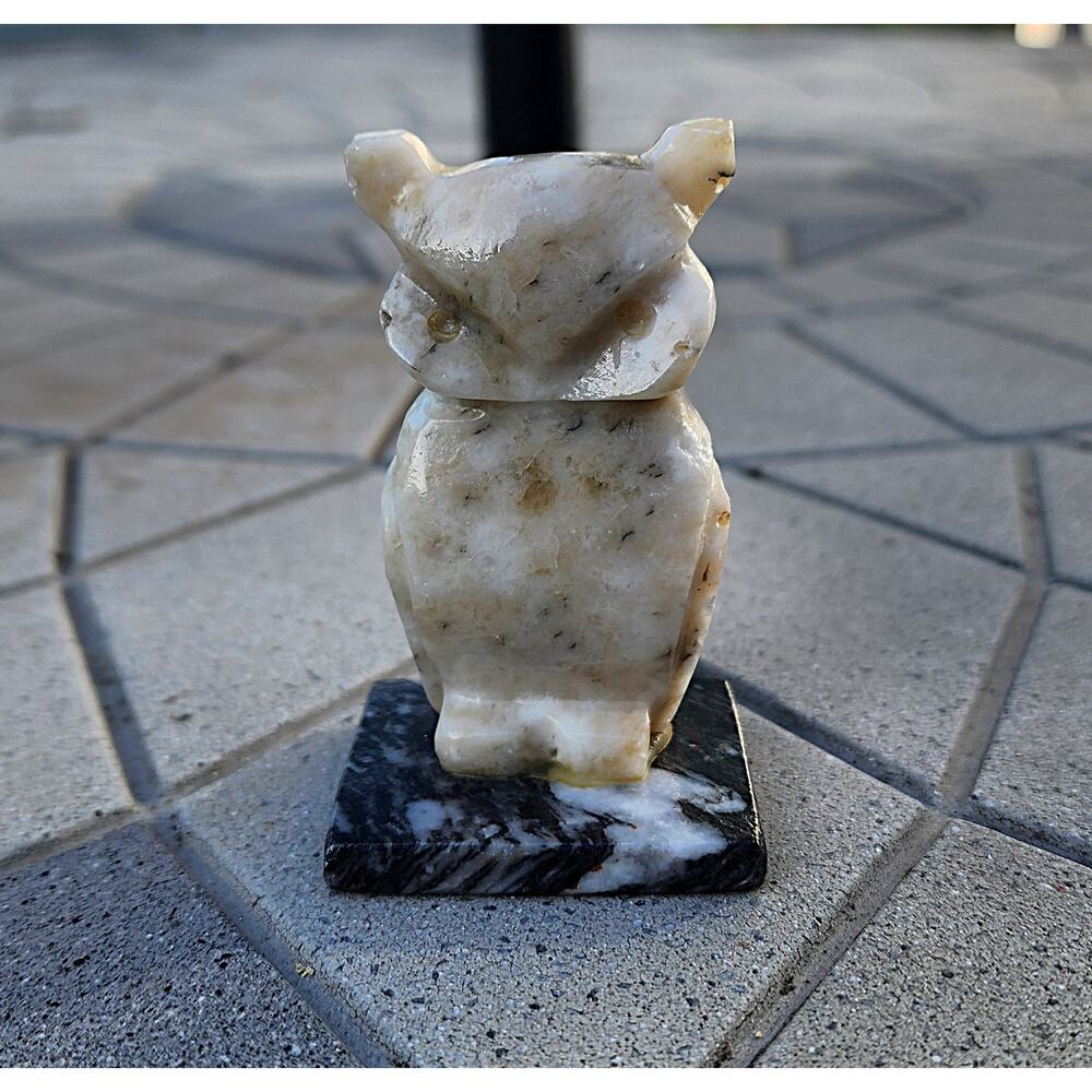 Vintage Hand Carved Speckled Alabaster Owl Marble Base Figurine